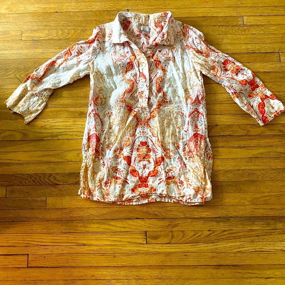 Chicos Linen Popover Tunic - 0P - Orange Paisley